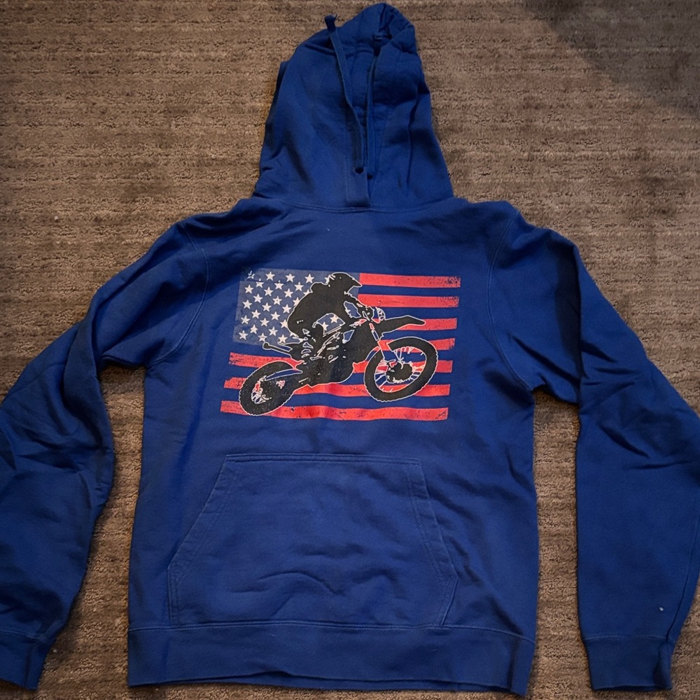 Port and Company Blue Hoodie with Motorcycle and Flag Design